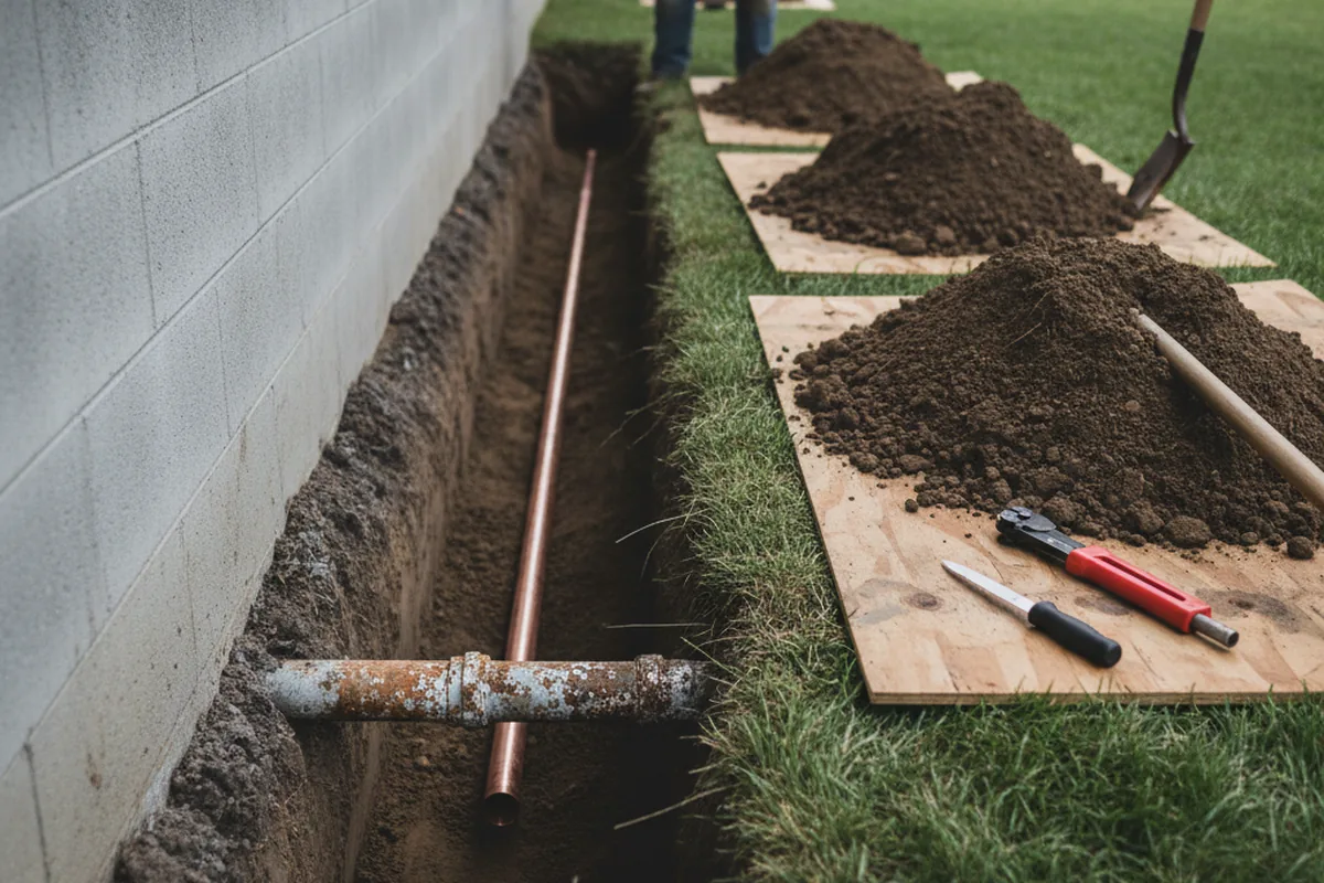 Excavated water line trench during Water Heater Repair in Westborough